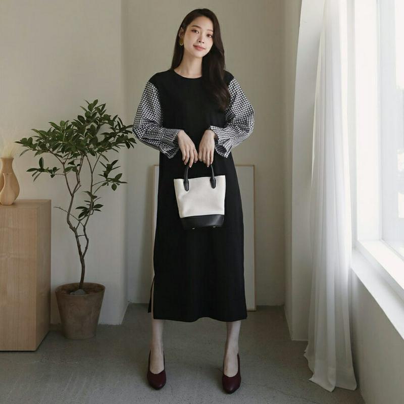 チェックスリーブワンピース・全3色・b64391 レディース【ops】【韓国 ファッション ワンピース ロングワンピース 長袖 