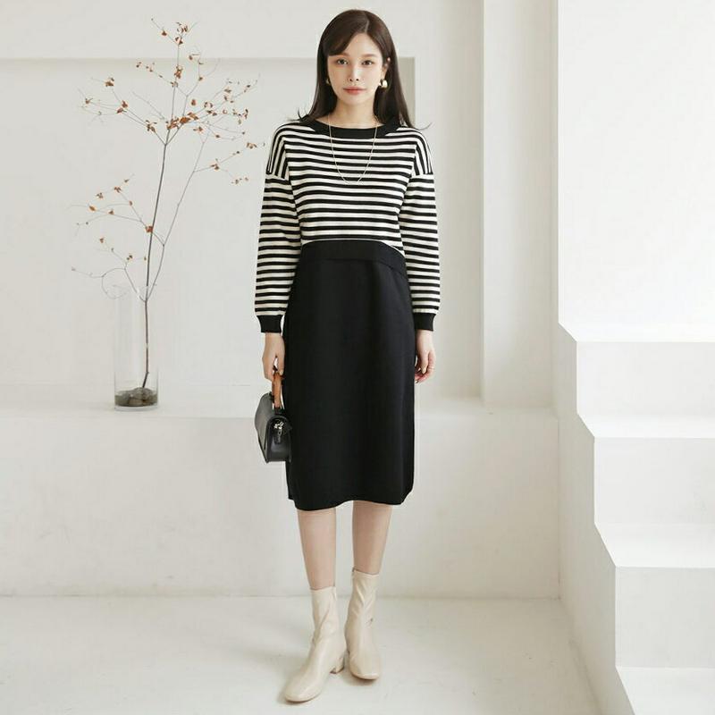 【新作10%OFF】ボーダーニット&ワンピースSET・全2色・b64457 レディース【ops】【韓国 ファッション ワンピース
