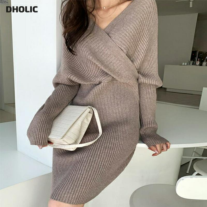 即日配送 ≪人気商品再入荷≫カシュクールリブワンピース・全2色・t61281 レディース【ops】 韓国ファッション ワンピース ミディ丈 長袖 カシュクール Vネック 深Vネック 鎖骨 デコルテ見せ リブ ニットワンピース スリム 大人 上品 フェミニン 秋 冬240