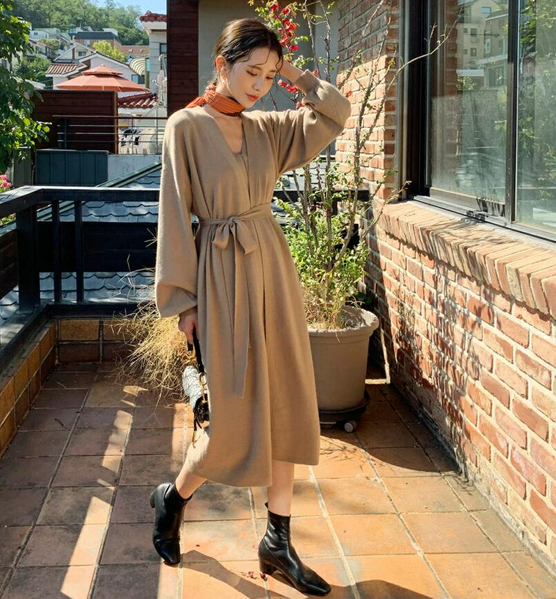 【新作10%OFF】ストラップ付ニットワンピ&カーディガンSET・全4色・b61044 レディース【ops】【韓国 ファッション