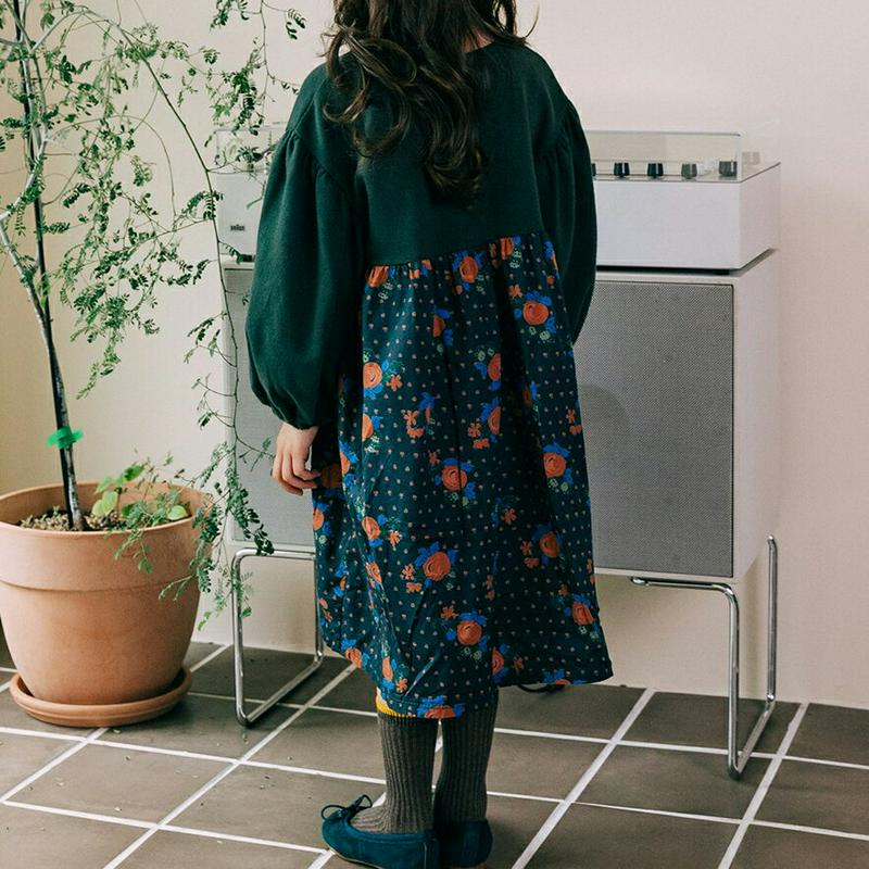 【新作10%OFF】切替ローズ柄ワンピース・u06686 キッズ【3~8才】【ops】【ワンピース ロングワンピース 長袖 パフ