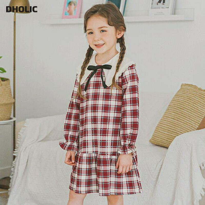 リボンカラーチェックワンピース・p006029 キッズ【3~8才】【ops】【ワンピース ミディ丈 ミディワンピース 長袖 チェック柄 リボン りぼん 可愛い かわいい 春 秋 女の子 韓国 韓国子供服 子供 こども 子供服 こども服】【KIDS】