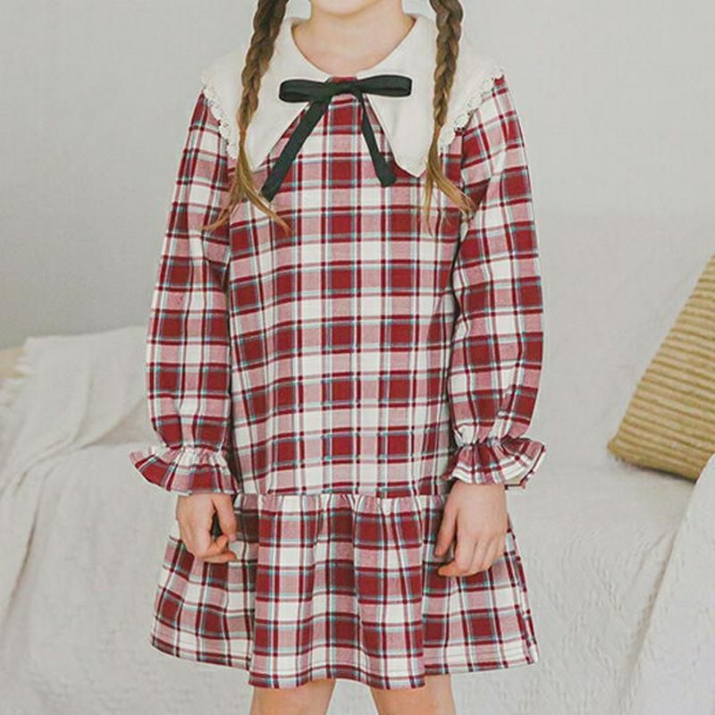 リボンカラーチェックワンピース・p006029 キッズ【3~8才】【ops】【ワンピース ミディ丈 ミディワンピース 長袖 チェック柄 リボン りぼん 可愛い かわいい 春 秋 女の子 韓国 韓国子供服 子供 こども 子供服 こども服】【KIDS】