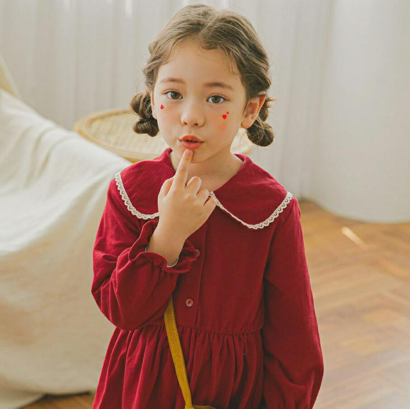 【新作10%OFF】レースカラーギャザーワンピース(レッド)・p006223 キッズ【3~8才】【ops】【ワンピース ミディ丈