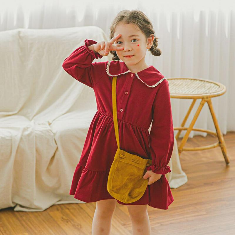 【新作10%OFF】レースカラーギャザーワンピース(レッド)・p006223 キッズ【3~8才】【ops】【ワンピース ミディ丈