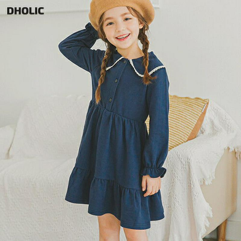 レースカラーギャザーワンピース(ネイビー)・p006234 キッズ【3~8才】【ops】【ワンピース ミディ丈 ミディワンピース 長袖 レース ギャザー 可愛い かわいい ガーリー 女の子 春 秋 韓国 韓国子供服 子供 こども 子供服 こども服】【KIDS】