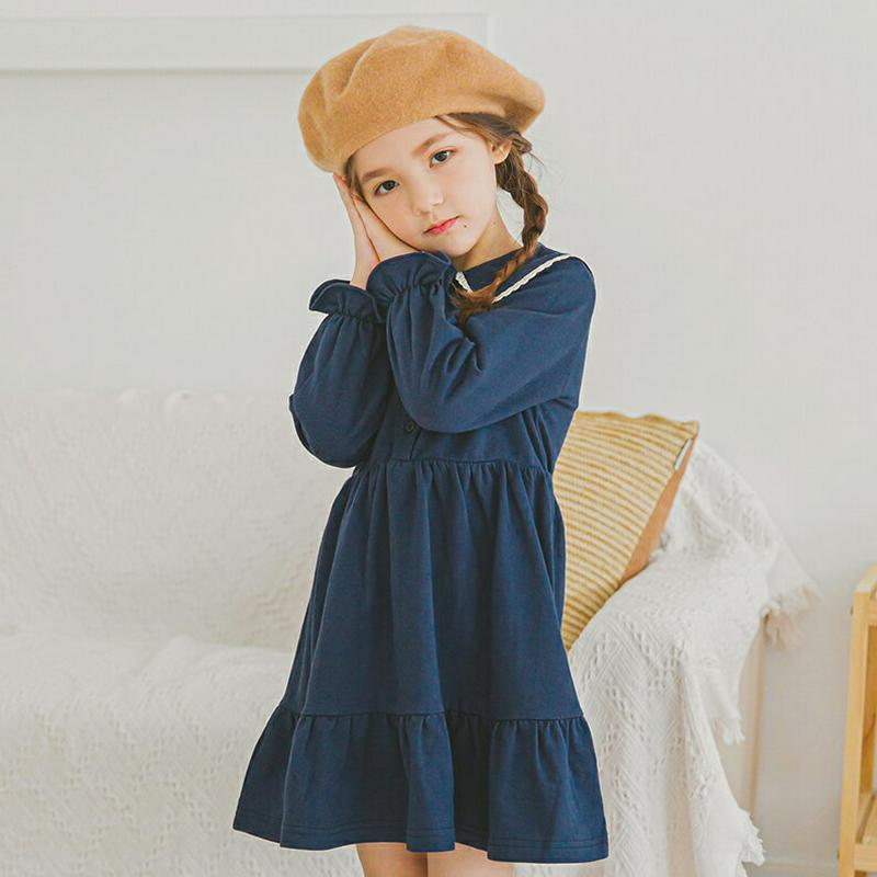 レースカラーギャザーワンピース(ネイビー)・p006234 キッズ【3~8才】【ops】【ワンピース ミディ丈 ミディワンピース 長袖 レース ギャザー 可愛い かわいい ガーリー 女の子 春 秋 韓国 韓国子供服 子供 こども 子供服 こども服】【KIDS】