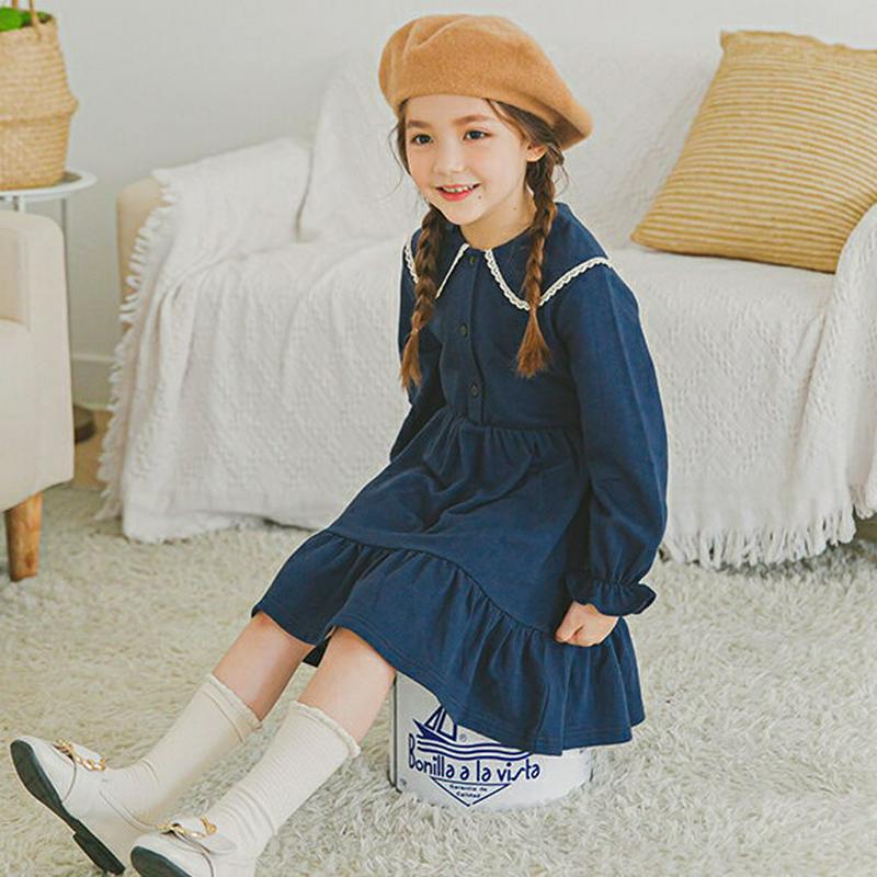 レースカラーギャザーワンピース(ネイビー)・p006234 キッズ【3~8才】【ops】【ワンピース ミディ丈 ミディワンピース 長袖 レース ギャザー 可愛い かわいい ガーリー 女の子 春 秋 韓国 韓国子供服 子供 こども 子供服 こども服】【KIDS】