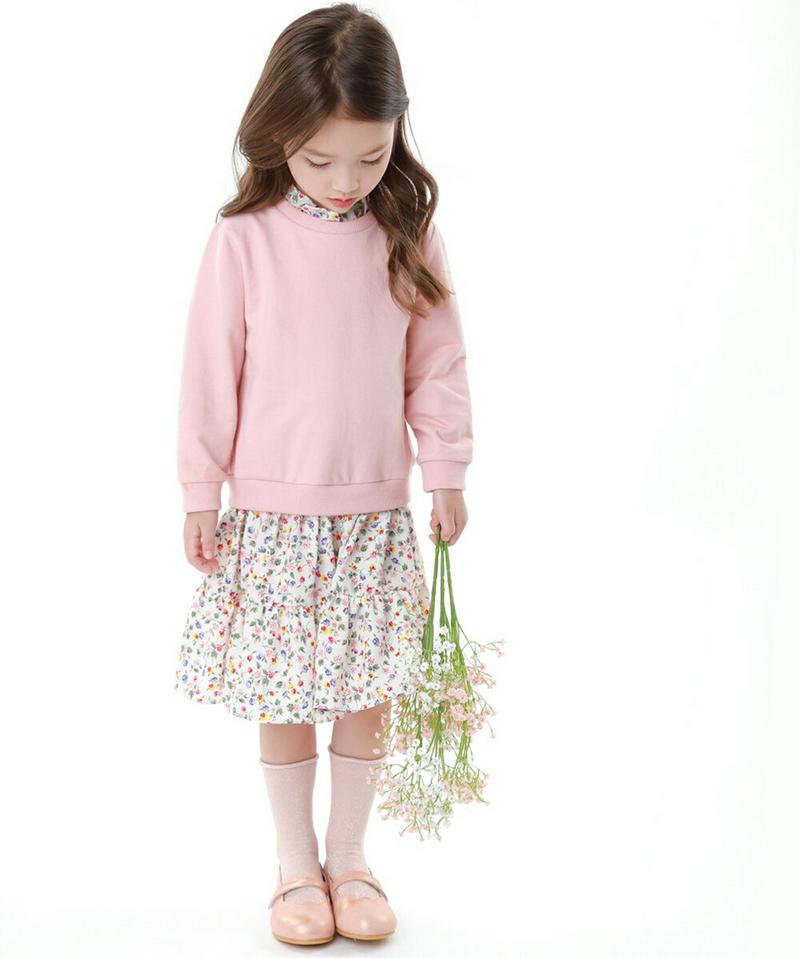 ピンクフラワーワンピース・p005576 キッズ【3~8才】【ops】【ワンピース ミディ丈 ミディワンピース 花柄 フラワー 長袖 ピンク 可愛い ガーリー かわいい 女の子 春 秋 韓国 韓国子供服 子供 こども 子供服 こども服】【KIDS】