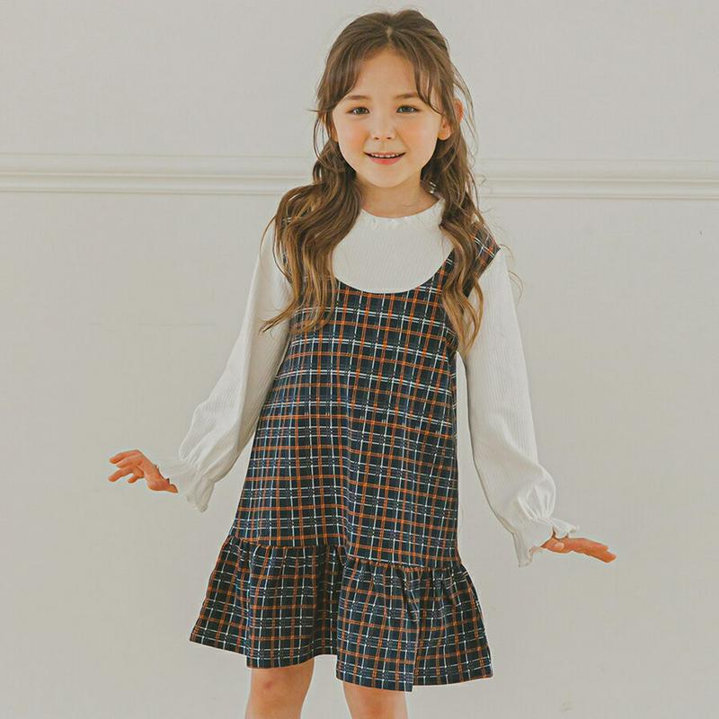 チェックレイヤード調ワンピース(ネイビー)・p006017 キッズ【3~8才】【ops】【ワンピース 長袖 チェック柄 レイヤード風 ミディ丈 ミディワンピース 可愛い かわいい 春 秋 女の子 韓国 韓国子供服 子供 こども 子供服 こども服】【KIDS】