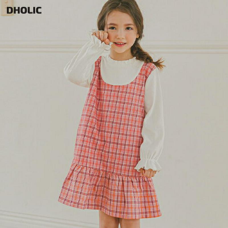 チェックレイヤード調ワンピース(ピンク)・p006015 キッズ【3~8才】【ops】【ワンピース 長袖 チェック柄 レイヤード風 ミディ丈 ミディワンピース 可愛い かわいい 春 秋 女の子 韓国 韓国子供服 子供 こども 子供服 こども服】【KIDS】