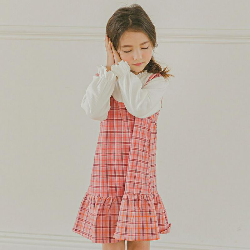 チェックレイヤード調ワンピース(ピンク)・p006015 キッズ【3~8才】【ops】【ワンピース 長袖 チェック柄 レイヤード風 ミディ丈 ミディワンピース 可愛い かわいい 春 秋 女の子 韓国 韓国子供服 子供 こども 子供服 こども服】【KIDS】
