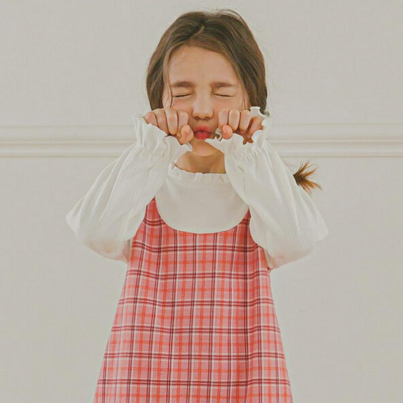 チェックレイヤード調ワンピース(ピンク)・p006015 キッズ【3~8才】【ops】【ワンピース 長袖 チェック柄 レイヤード風 ミディ丈 ミディワンピース 可愛い かわいい 春 秋 女の子 韓国 韓国子供服 子供 こども 子供服 こども服】【KIDS】
