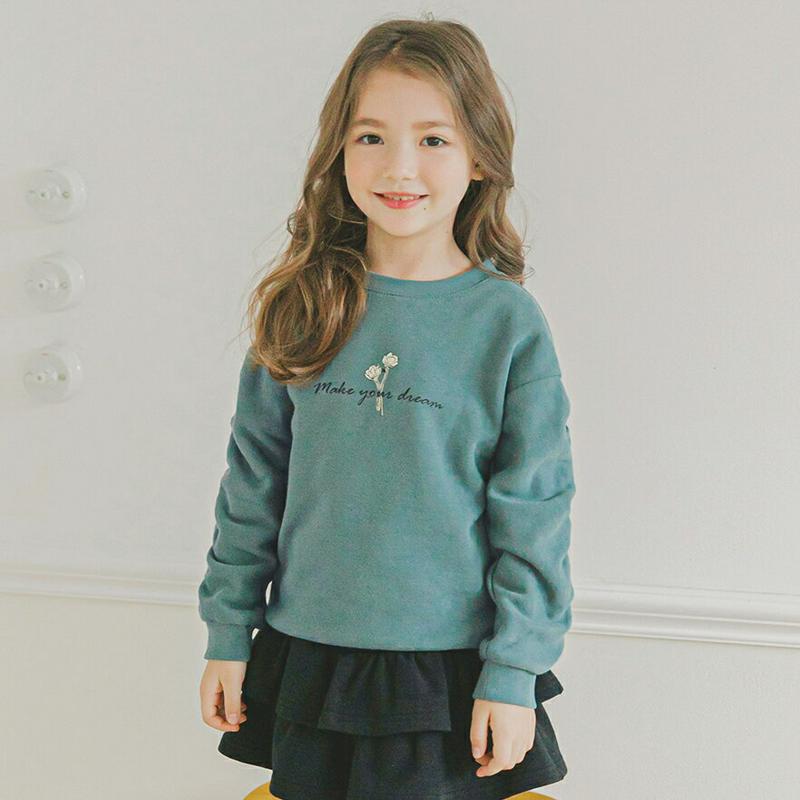 ギャザースリーブ刺繍スウェット(グリーン)・p005748 キッズ【3~8才】【tops】【トップス スウェット トレーナー 長袖 ロゴ ギャザー 刺繍 カジュアル ラフ 女の子 秋 冬 韓国 韓国子供服 子供 こども 子供服 こども服】【KIDS】