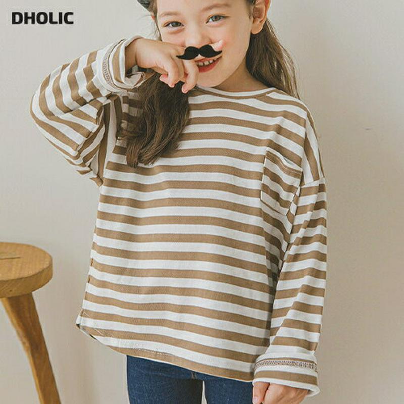 ポケットボーダーTシャツ(ベージュ)・p006369 キッズ【3~8才】【tops】【トップス Tシャツ 長袖 ロンT ボーダー 柄 カジュアル ラフ 女の子 男の子 春 秋 韓国 韓国子供服 子供 こども 子供服 こども服】【KIDS】