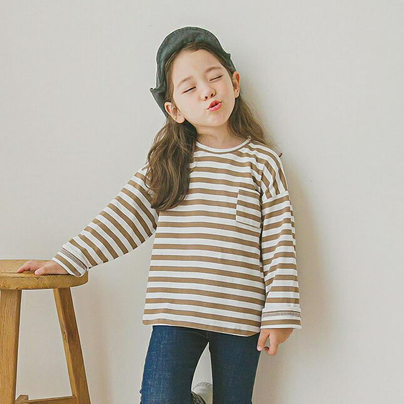 ポケットボーダーTシャツ(ベージュ)・p006369 キッズ【3~8才】【tops】【トップス Tシャツ 長袖 ロンT ボーダー 柄 カジュアル ラフ 女の子 男の子 春 秋 韓国 韓国子供服 子供 こども 子供服 こども服】【KIDS】