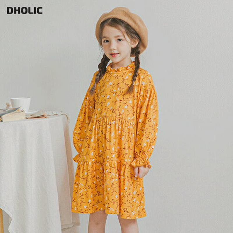 フリル花柄ワンピース(イエロー)・p006224 キッズ【3~8才】【ops】【ワンピース ミディ丈 ミディワンピース 長袖 フリル 花柄 フラワー 可愛い かわいい 女の子 春 秋 韓国 韓国子供服 子供 こども 子供服 こども服】【KIDS】