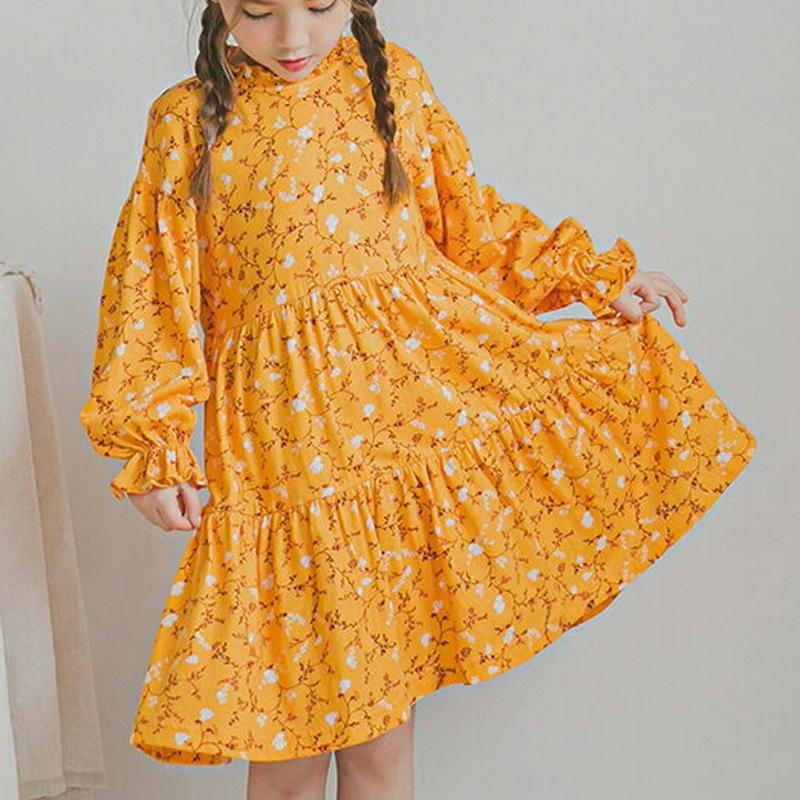 フリル花柄ワンピース(イエロー)・p006224 キッズ【3~8才】【ops】【ワンピース ミディ丈 ミディワンピース 長袖 フリル 花柄 フラワー 可愛い かわいい 女の子 春 秋 韓国 韓国子供服 子供 こども 子供服 こども服】【KIDS】