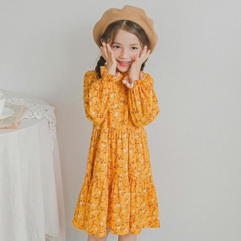 フリル花柄ワンピース(イエロー)・p006224 キッズ【3~8才】【ops】【ワンピース ミディ丈 ミディワンピース 長袖 フリル 花柄 フラワー 可愛い かわいい 女の子 春 秋 韓国 韓国子供服 子供 こども 子供服 こども服】【KIDS】