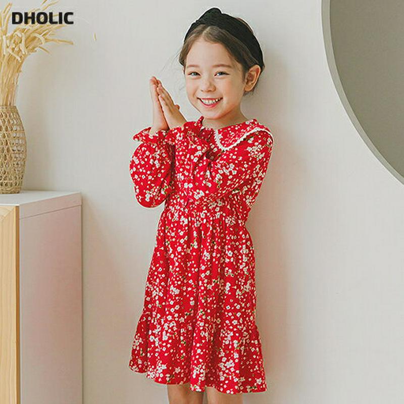 【新作10%OFF】カラーティアード花柄ワンピース(レッド)・p006235 キッズ【3~8才】【ops】【ワンピース ミディ丈