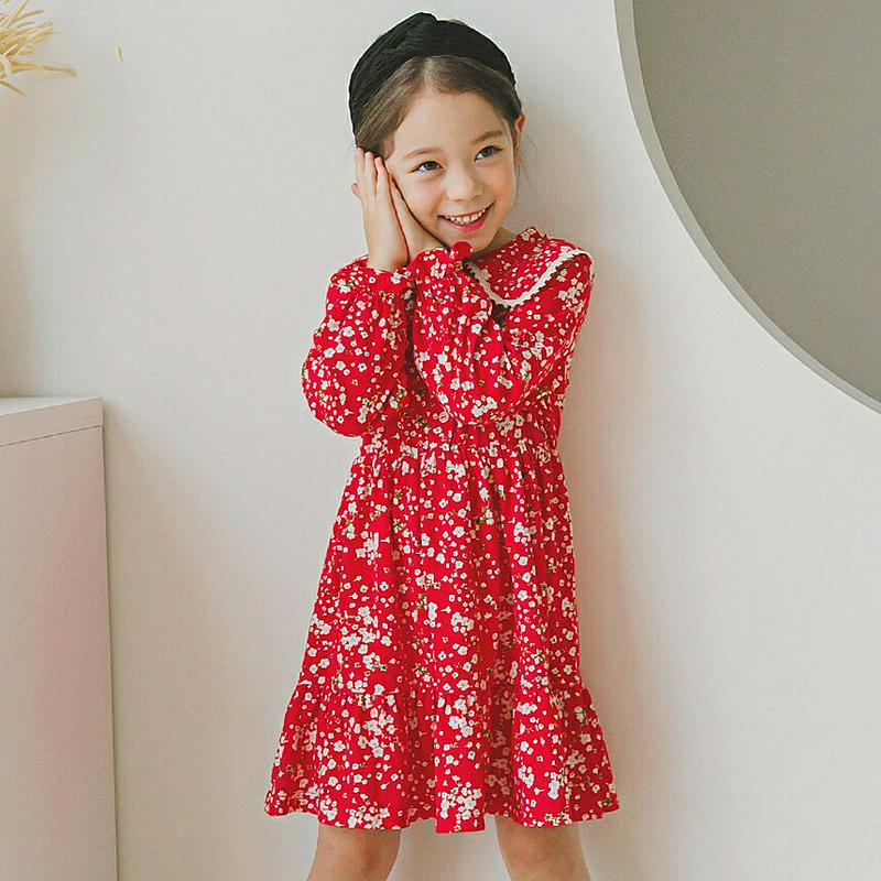 【新作10%OFF】カラーティアード花柄ワンピース(レッド)・p006235 キッズ【3~8才】【ops】【ワンピース ミディ丈