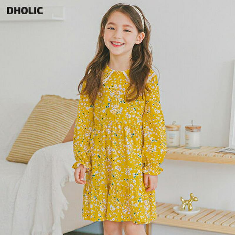 カラーティアード花柄ワンピース(イエロー)・p006225 キッズ【3~8才】【ops】【ワンピース ミディ丈 ミディワンピース 長袖 花柄 フラワー 黄色 ティアード 可愛い かわいい 女の子 春 秋 韓国 韓国子供服 子供 こども 子供服 こども服】【KIDS】