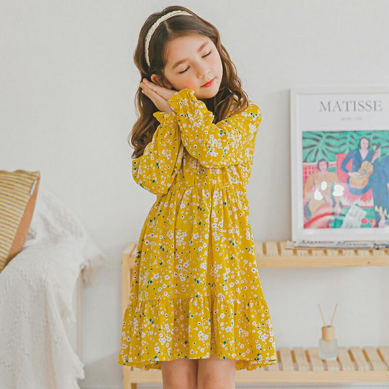 カラーティアード花柄ワンピース(イエロー)・p006225 キッズ【3~8才】【ops】【ワンピース ミディ丈 ミディワンピース 長袖 花柄 フラワー 黄色 ティアード 可愛い かわいい 女の子 春 秋 韓国 韓国子供服 子供 こども 子供服 こども服】【KIDS】