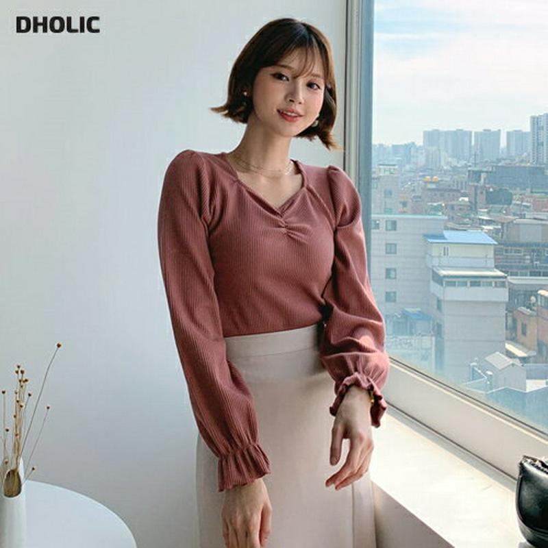 【新作10%OFF】スクエアVネックリブTシャツ・全4色・t60815 レディース【tops】【韓国 ファッション トップス T