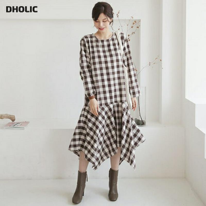 【新作10%OFF】チェックアンバランスワンピース・全3色・b64459 レディース【ops】【韓国 ファッション ワンピース 