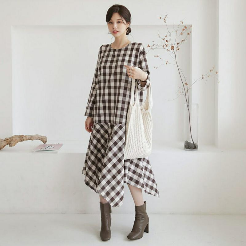 【新作10%OFF】チェックアンバランスワンピース・全3色・b64459 レディース【ops】【韓国 ファッション ワンピース 