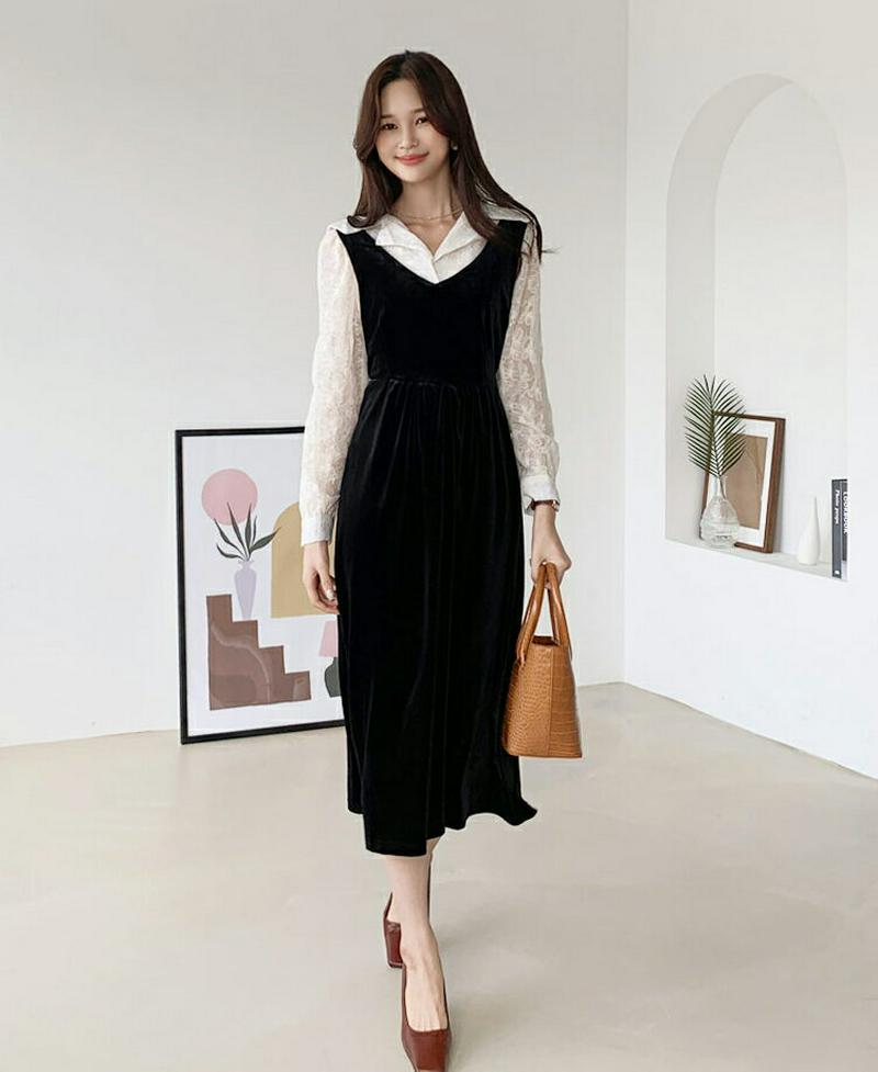 【新作10%OFF】刺繍ブラウス&ベロアワンピースSET・全1色・b60825 レディース【ops】【韓国 ファッション ワンピ