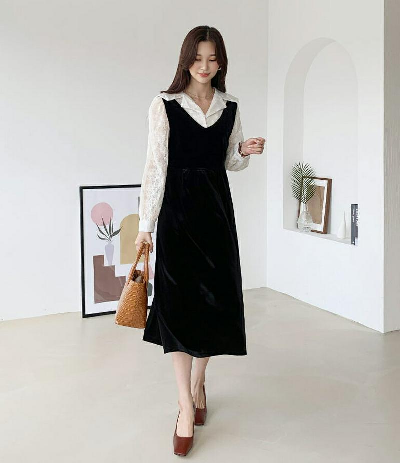 【新作10%OFF】刺繍ブラウス&ベロアワンピースSET・全1色・b60825 レディース【ops】【韓国 ファッション ワンピ