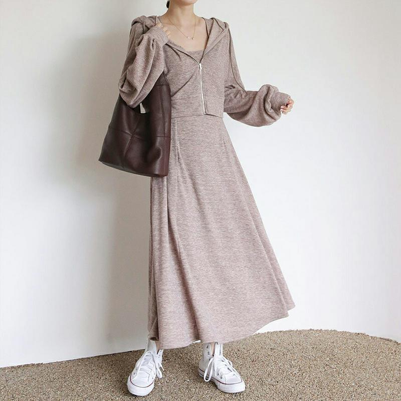 【新作10%OFF】フードジップアップ&スクエアワンピースSET・全3色・t64519 レディース【ops】【韓国 ファッション