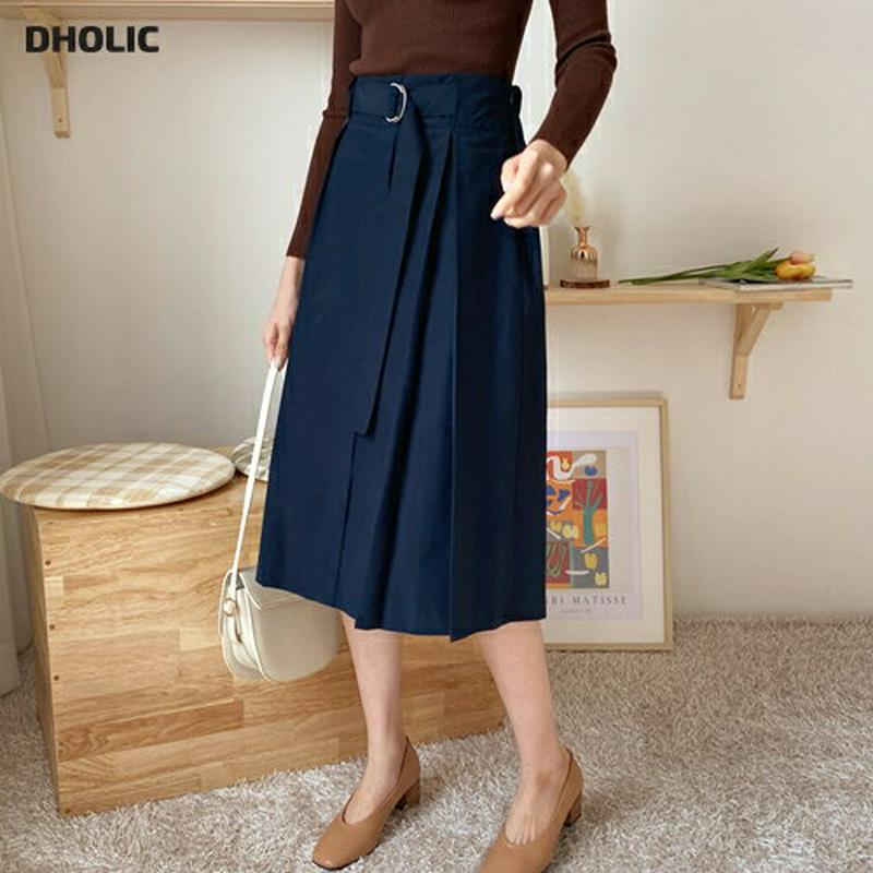 ベルトタックミディスカート・全3色・e60876 レディース【sk】 韓国ファッション ボトムス スカート ミディ丈 ミディスカート Aラインスカート Aライン ベルト バックゴム タック シンプル カジュアル 単色 無地 春 秋