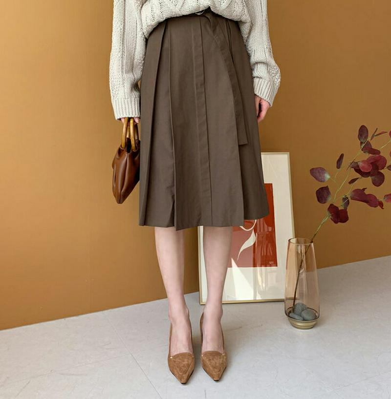 ベルトタックミディスカート・全3色・e60876 レディース【sk】 韓国ファッション ボトムス スカート ミディ丈 ミディスカート Aラインスカート Aライン ベルト バックゴム タック シンプル カジュアル 単色 無地 春 秋