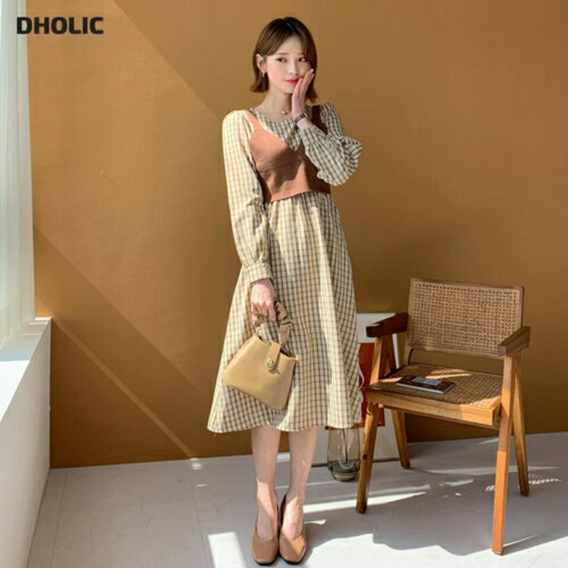 【只今10%OFF】ビスチェ付チェックワンピース・全2色・e60868 レディース【ops】【韓国 ファッション ワンピース ロングワンピース セット セット商品 パフスリーブ 長袖 ラウンドネック チェック柄 シャーリング ビスチェ付 Vネック クロップド丈 かわいい ガーリー 秋】