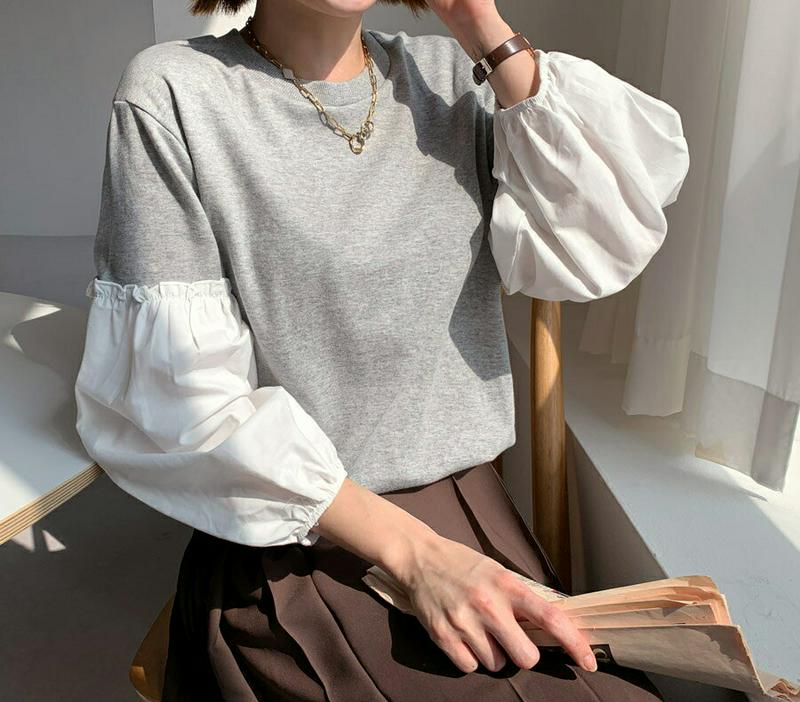 【新作10%OFF】パフコントラストスリーブスウェット・全2色・t60852 レディース【tops】【韓国 ファッション トップ