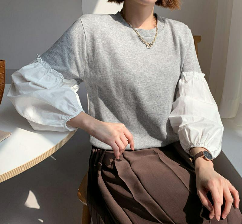 【新作10%OFF】パフコントラストスリーブスウェット・全2色・t60852 レディース【tops】【韓国 ファッション トップ