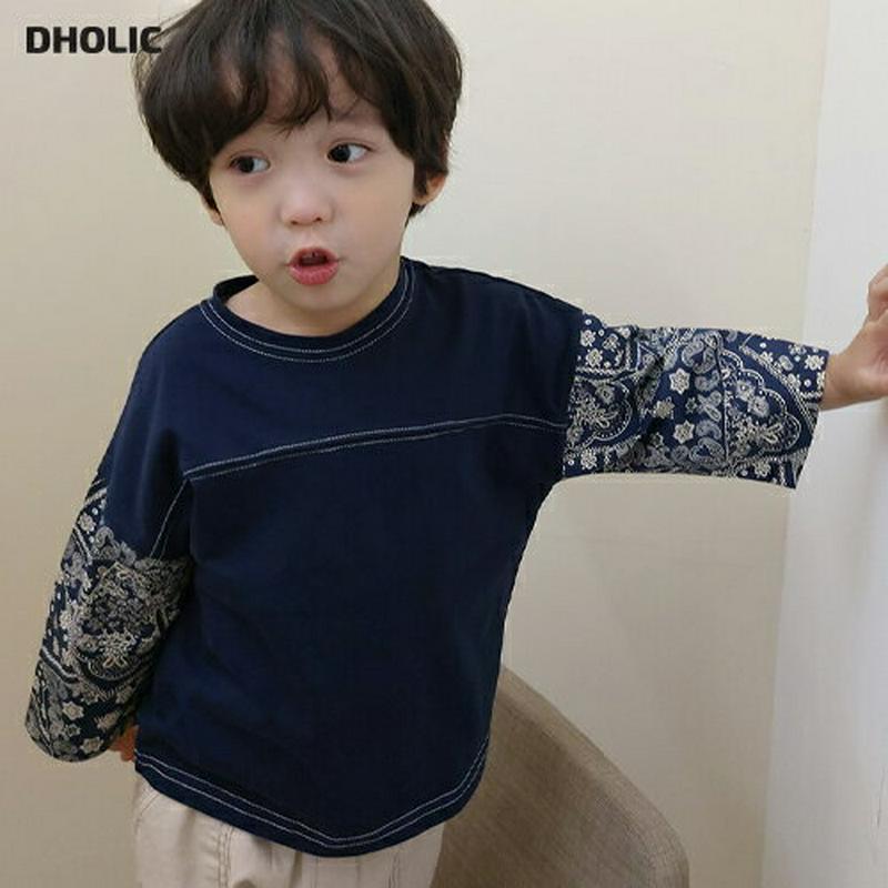 【新作10%OFF】ペイズリースリーブステッチTシャツ・u06934 キッズ【3~8才】【tops】【トップス Tシャツ 長袖 