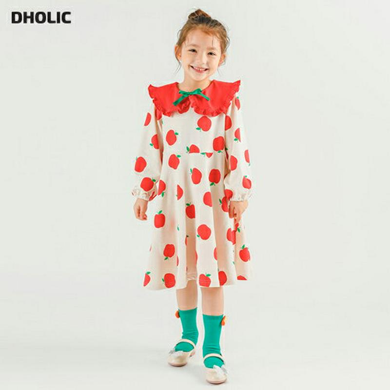 リボンネックアップルワンピース・p006993 キッズ【3~8才】【ops】【ワンピース ミディ丈 ミディワンピース 長袖 アップル りんご リンゴ リボン りぼん 可愛い かわいい ユニーク 女の子 春 秋 韓国 韓国子供服 子供 こども 子供服 こども服】【KIDS】