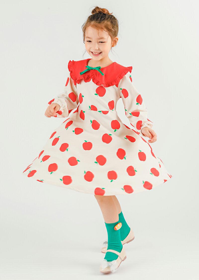 リボンネックアップルワンピース・p006993 キッズ【3~8才】【ops】【ワンピース ミディ丈 ミディワンピース 長袖 アップル りんご リンゴ リボン りぼん 可愛い かわいい ユニーク 女の子 春 秋 韓国 韓国子供服 子供 こども 子供服 こども服】【KIDS】