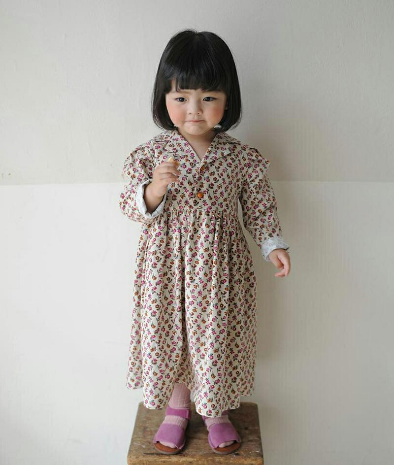 【新作10%OFF】開襟小花柄ワンピース・u06544 キッズ【3~8才】【ops】【ワンピース ロング ロングワンピース 長袖