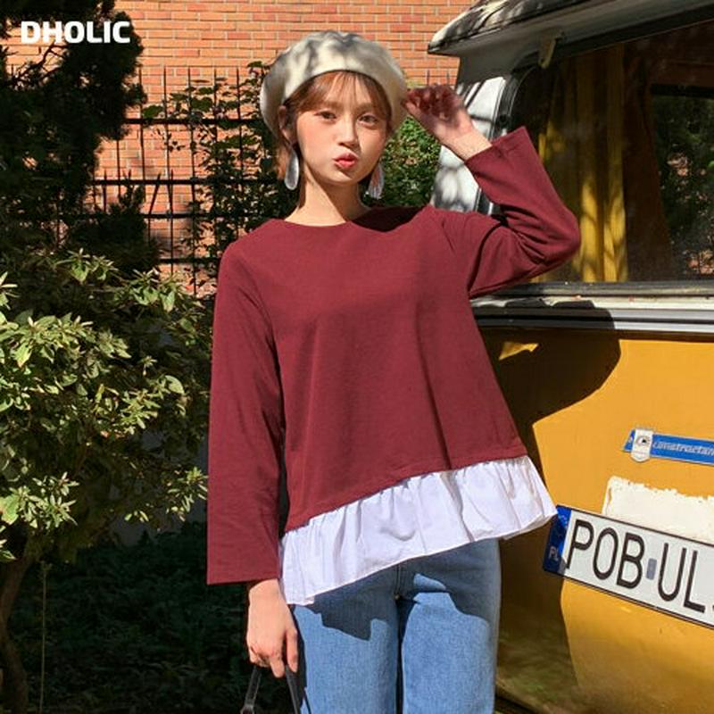 配色フレアヘムTシャツ・全3色・b61162 レディース【tops】【韓国 ファッション トップス Tシャツ ロングスリーブ 長