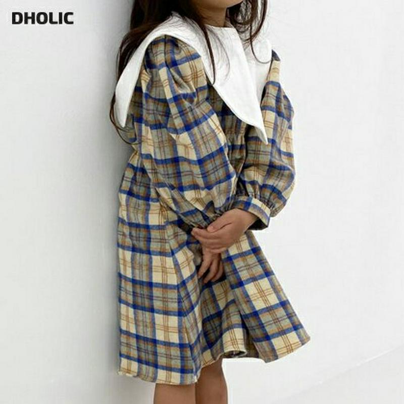 トライアングル配色チェックワンピース・u05818 キッズ【3~8才】【ops】【ワンピース ミディ丈 ミディワンピース 長袖 