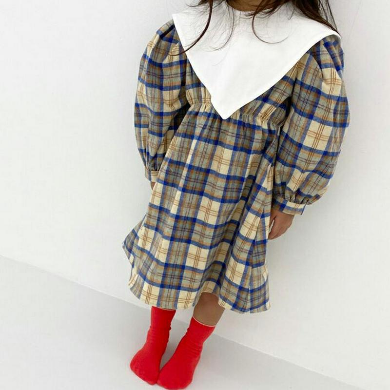 トライアングル配色チェックワンピース・u05818 キッズ【3~8才】【ops】【ワンピース ミディ丈 ミディワンピース 長袖 