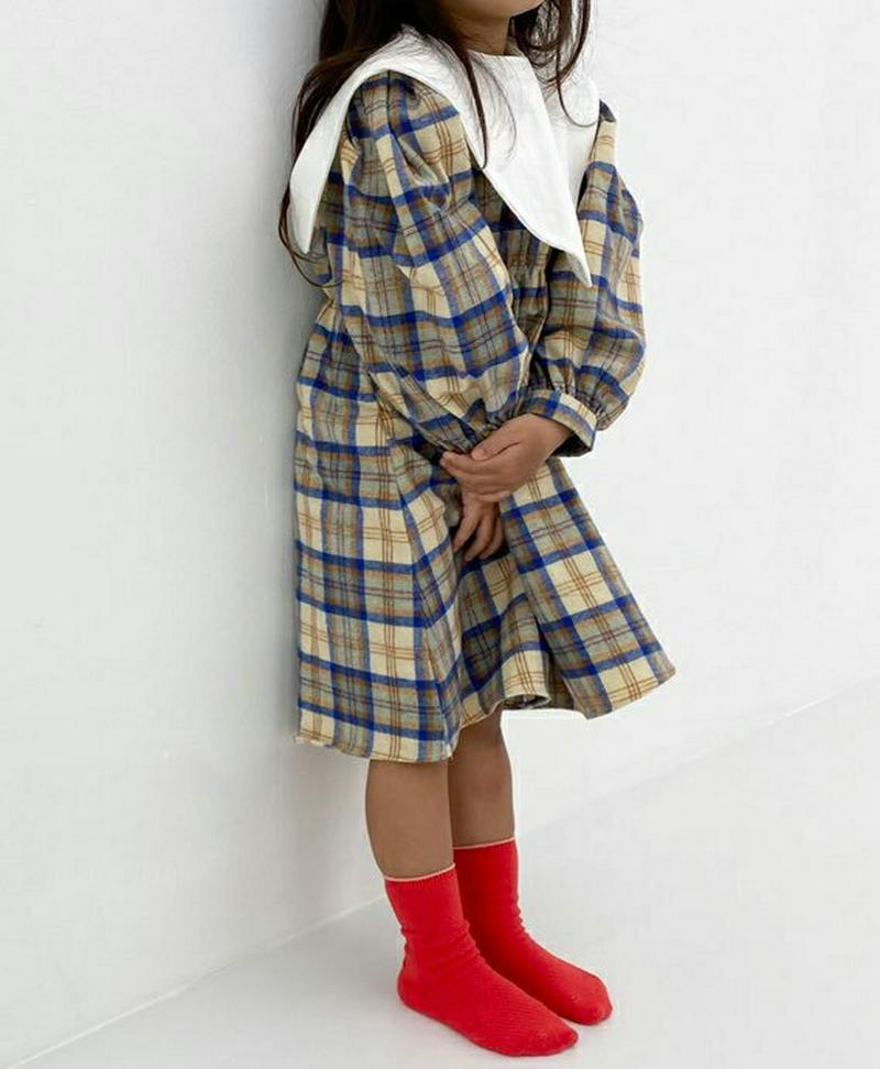 トライアングル配色チェックワンピース・u05818 キッズ【3~8才】【ops】【ワンピース ミディ丈 ミディワンピース 長袖 