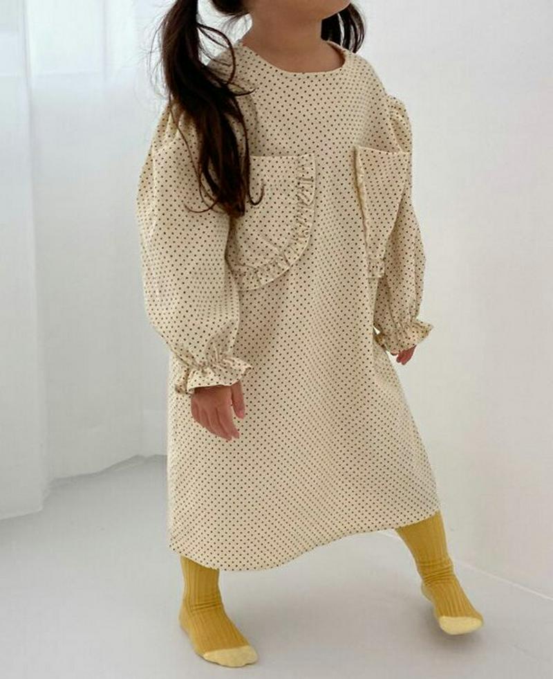 ドットフリルポケットワンピース・u05822 キッズ【3~8才】【ops】【ワンピース ロング ロングワンピース 長袖 フリル 