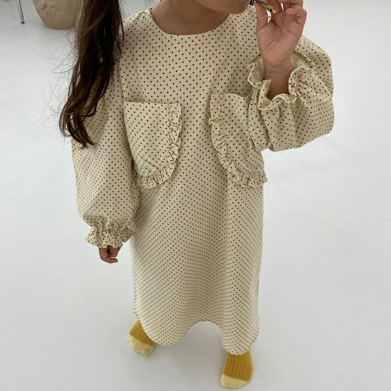 ドットフリルポケットワンピース・u05822 キッズ【3~8才】【ops】【ワンピース ロング ロングワンピース 長袖 フリル 