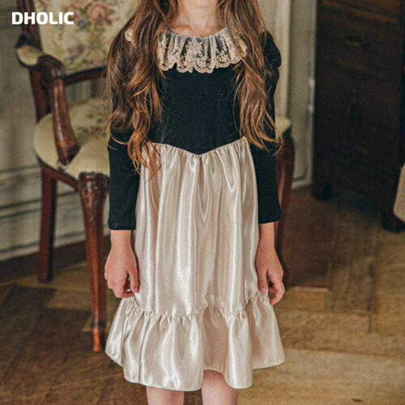 レースカラー切替光沢ワンピース・u06695 キッズ【3~8才】【ops】【ワンピース 長袖 高級感　光沢 レース 大人 フェミ