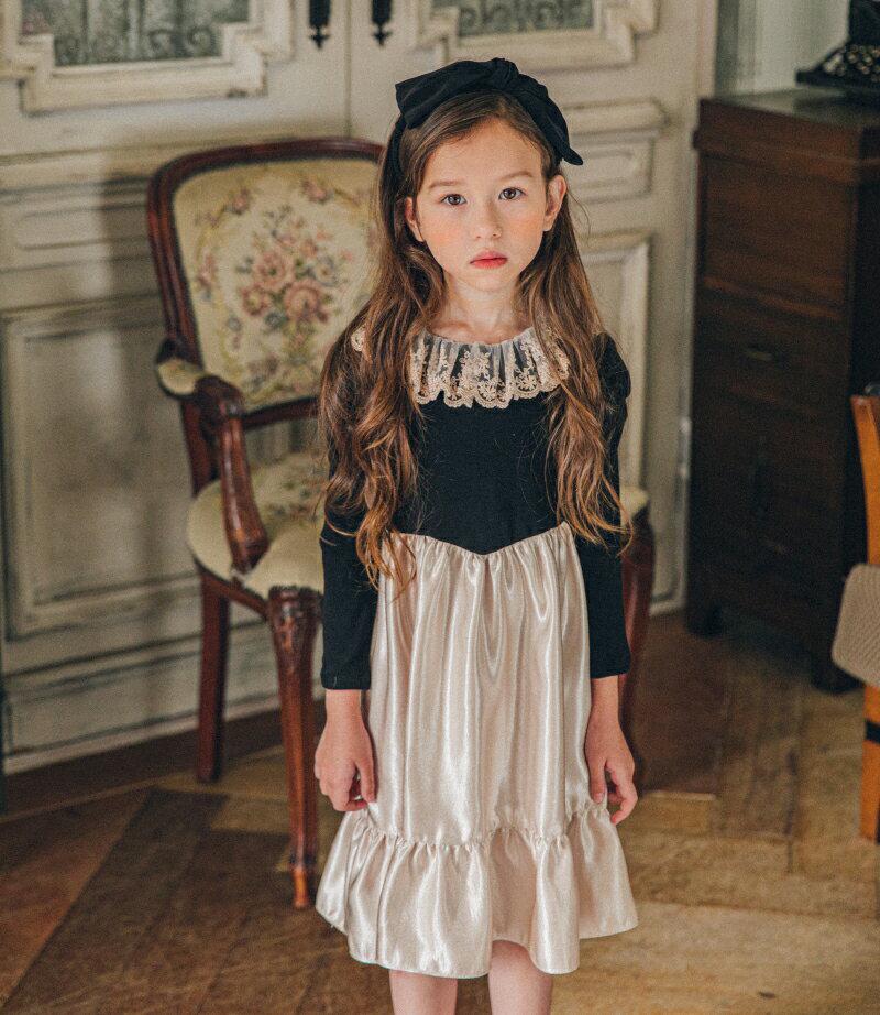 レースカラー切替光沢ワンピース・u06695 キッズ【3~8才】【ops】【ワンピース 長袖 高級感　光沢 レース 大人 フェミ